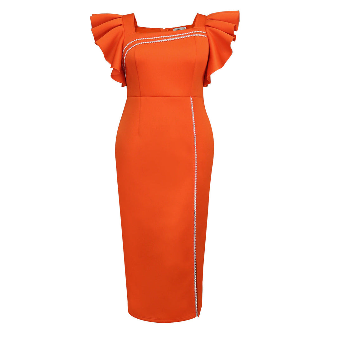 Langes, elegantes Maxikleid für Damen, mit femininen Puffärmeln und glitzernden Verzierungen für Feste.