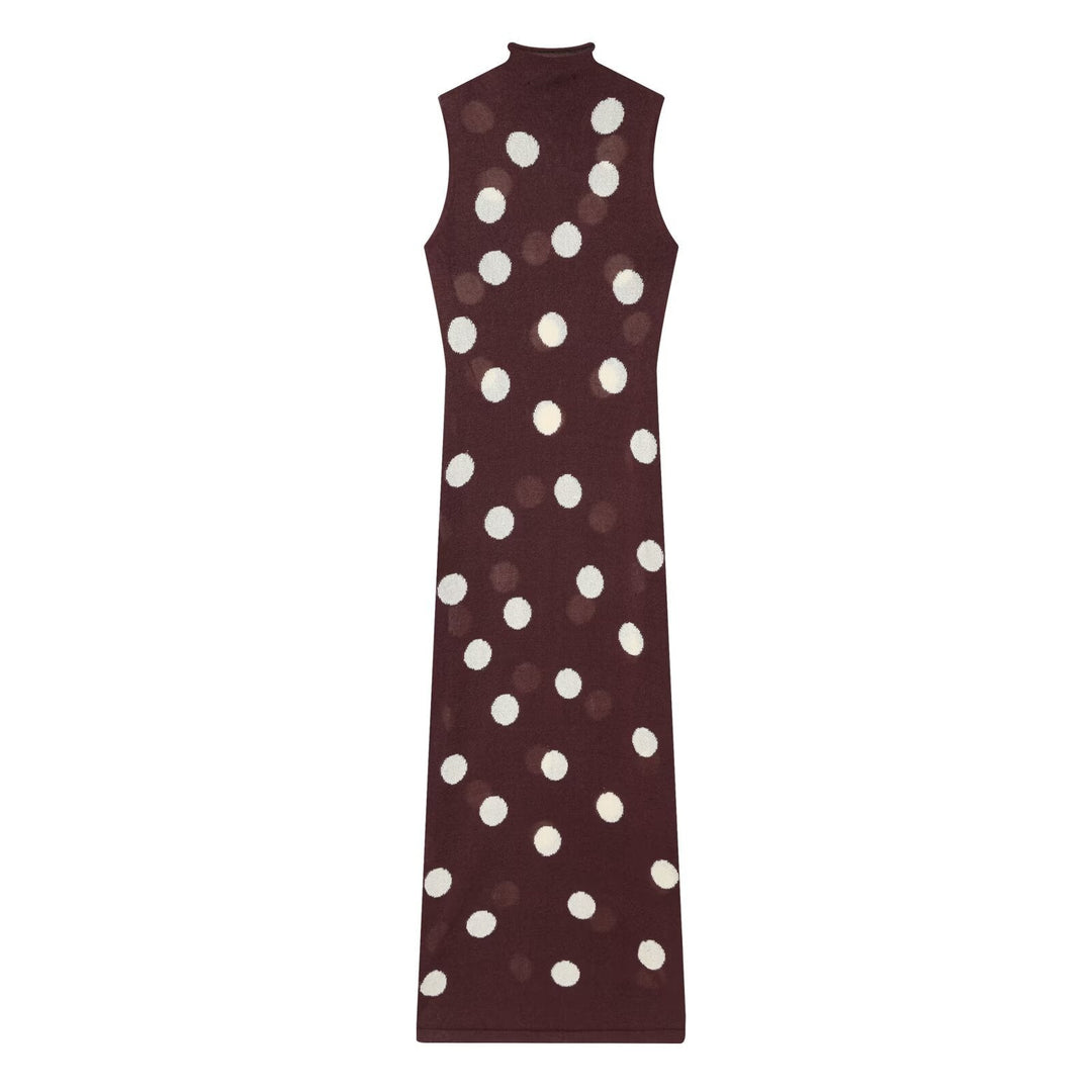 Elegantes Damen Maxikleid mit hohem Kragen und modischem Punktmuster, perfekt für Abend und Freizeit.