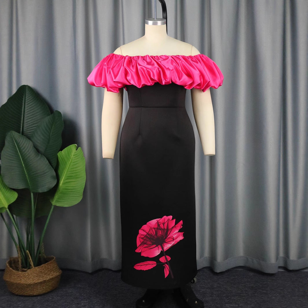 Feminines Sommer Maxikleid mit elegantem Rüschenkragen und auffälligem Blumenprint, ideal für besondere Anlässe.