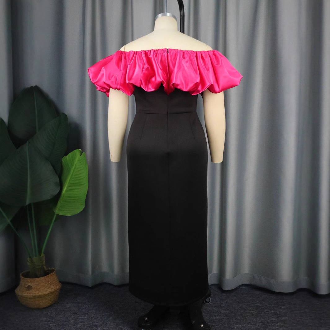 Fließendes Damen Partykleid, lang, mit Rüschenkragen und floralem Muster, ideal für Frühling/Sommer Events.