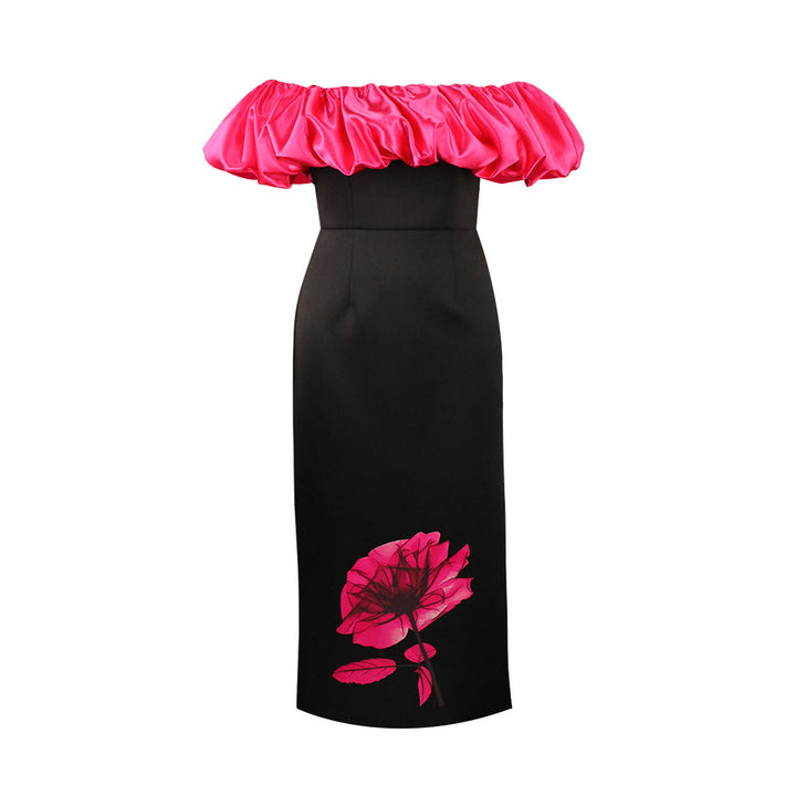 Schickes Damen Maxikleid für Feste, mit detailreichem Rüschenkragen und elegantem Blumenmuster, sehr feminin.