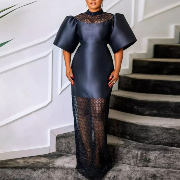 Elegantes Damen Maxikleid mit romantischen Puffärmeln und zarter Spitze; perfekt für festliche Anlässe.