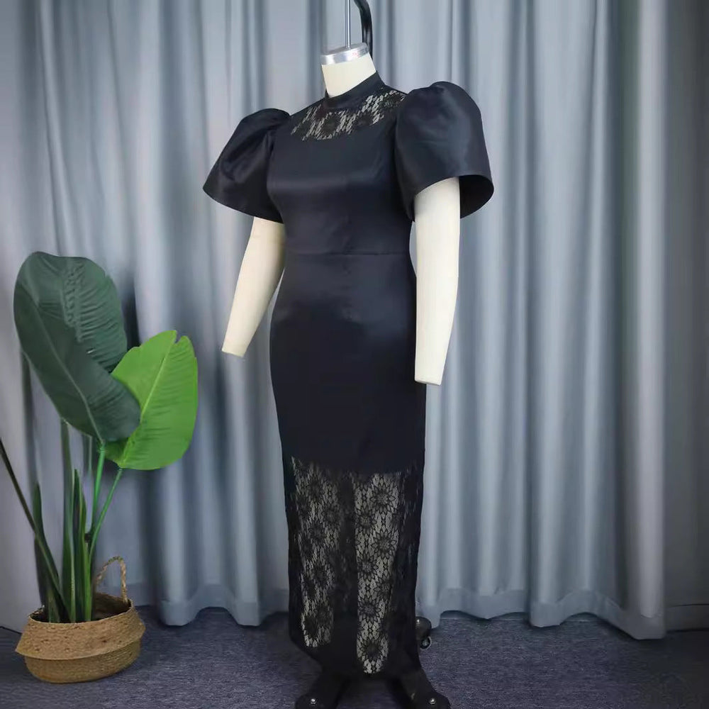 Stilvolles Damen Langkleid, Abendkleid mit Puffärmeln und filigraner Spitze; ideal für Parties.