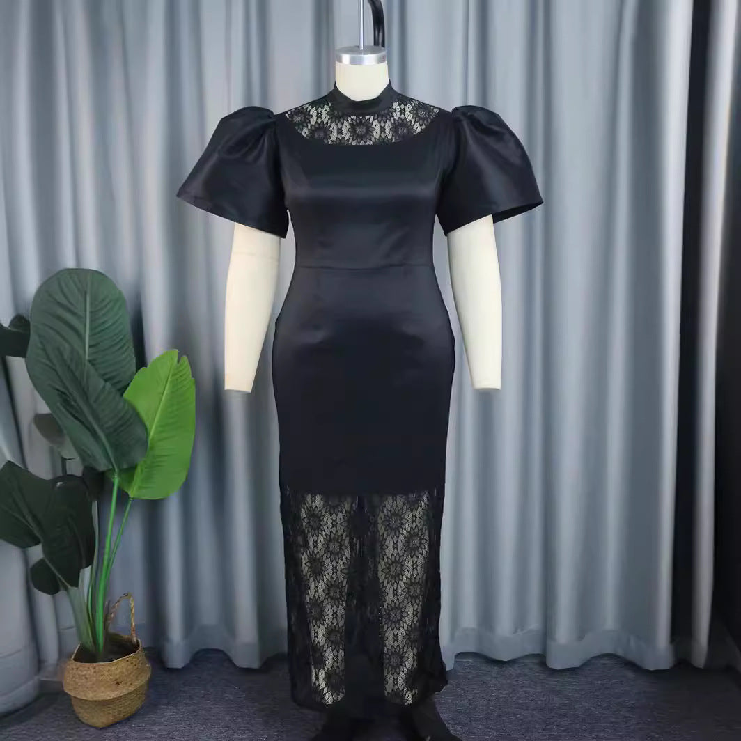 Festliches Maxikleid für Damen, elegantes Partykleid mit markanten Puffärmeln und floraler Spitze.