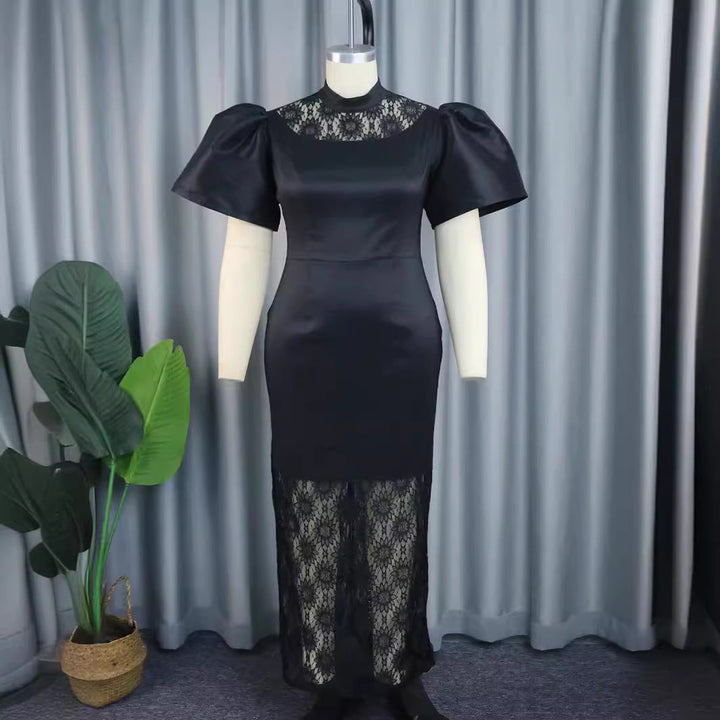 Festliches Maxikleid für Damen, elegantes Partykleid mit markanten Puffärmeln und floraler Spitze.