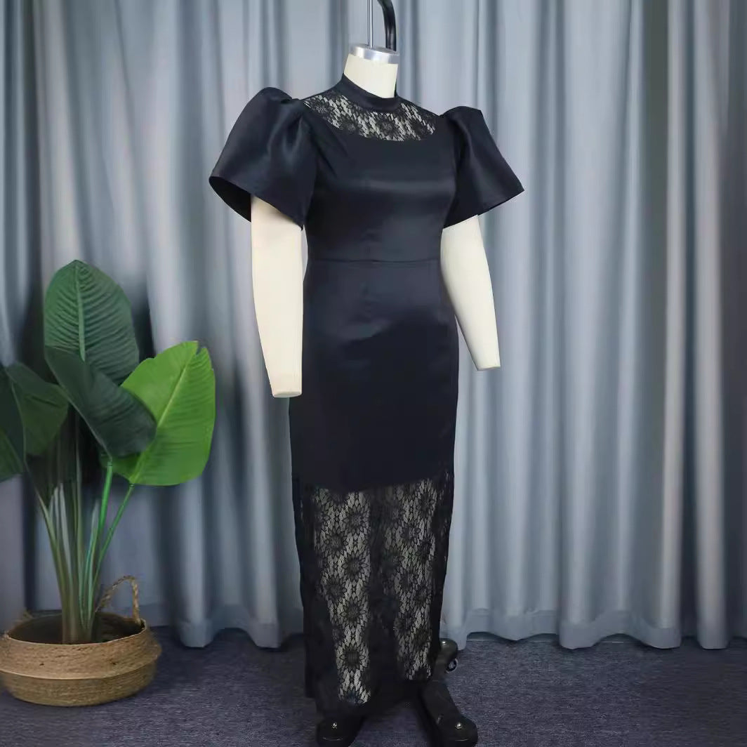 Modernes Damenkleid mit Maxi-Länge, auffälligen Puffärmeln und Spitzen-Details; als Cocktailkleid.