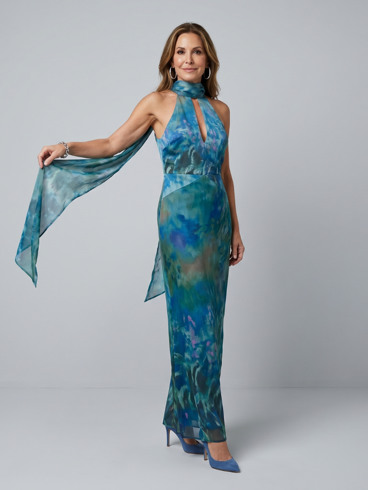 Elegantes Damen Maxikleid mit Schlüsselloch-Ausschnitt, Halter-Neck und ärmellosem Design für festliche Anlässe.