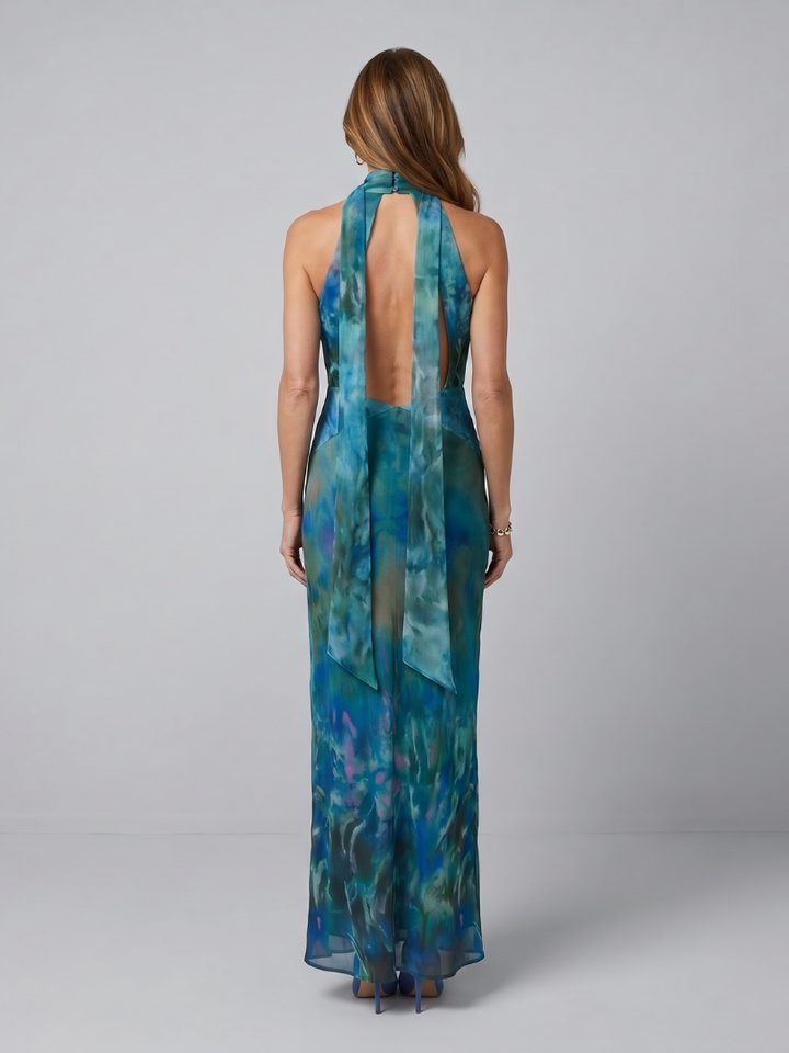 Schickes blaues Damen Maxikleid mit elegantem Schlüsselloch-Halter und ärmellosem Schnitt, perfekt für Gala-Events.