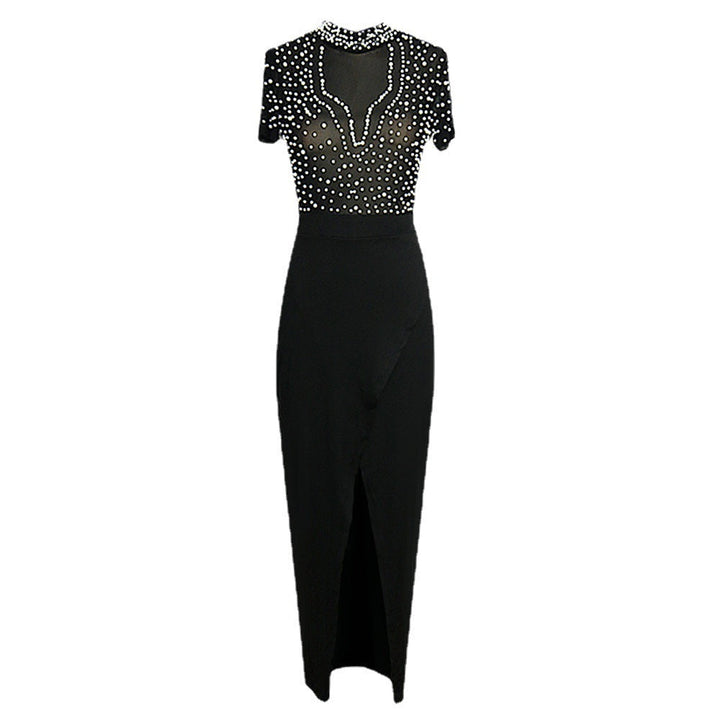 Festliches Damen Maxikleid mit fließendem Rock, eleganten Perlen & transparentem Oberteil. Für besondere Anlässe.
