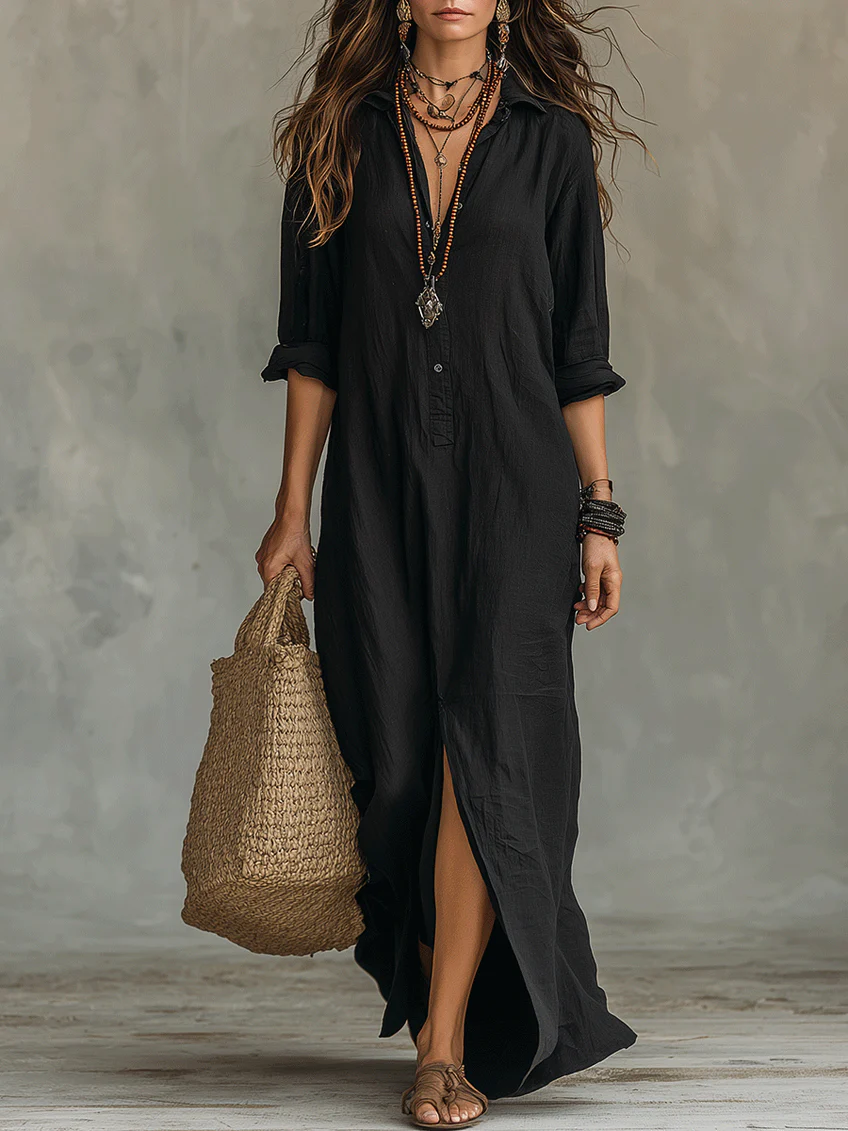 Elegantes Damen Maxikleid WILLOW mit stilvollen Knöpfen und klassischem Kragen. Ideal für Sommer & Alltag.