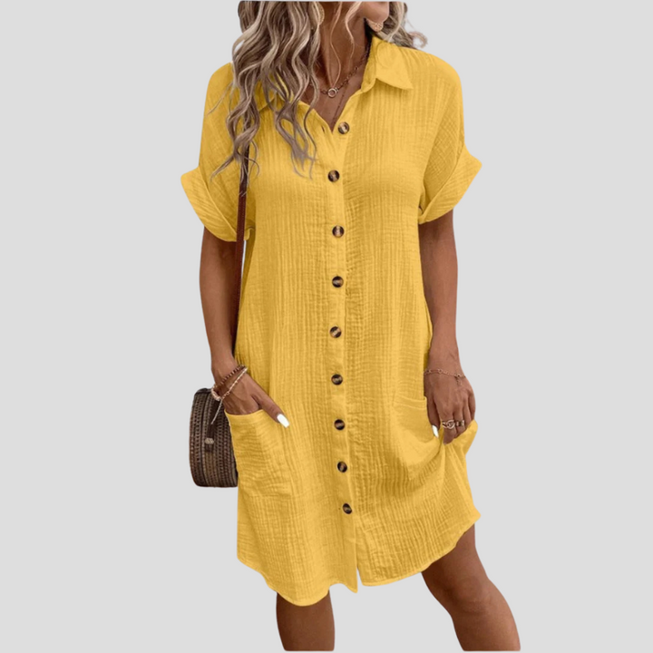 Vielseitiges Damen Midi-Kleid mit Hemdkragen und Taillierung, kombinierbar für elegante Looks oder Freizeit.