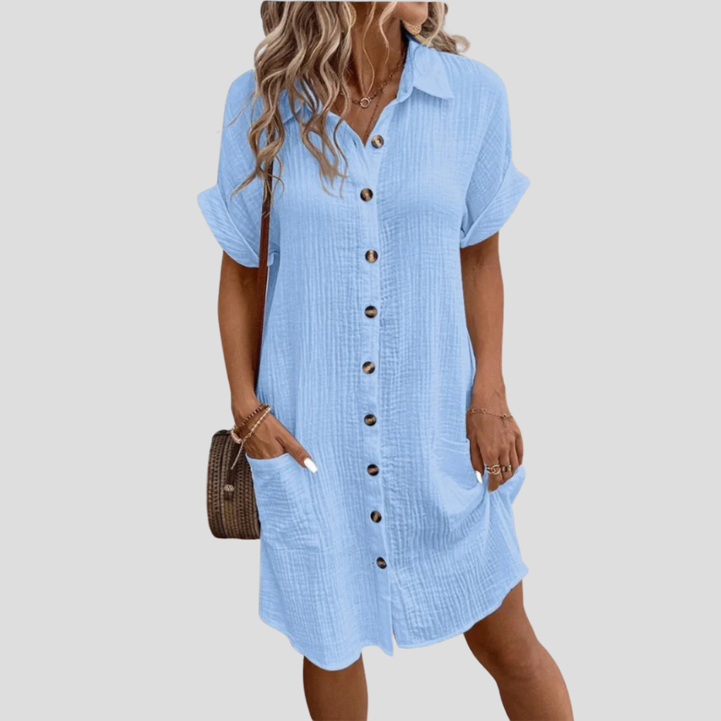 Tailliertes Damen Midikleid mit durchgehender Knopfleiste, Langarm und Hemdkragen, stilvoll und modern.