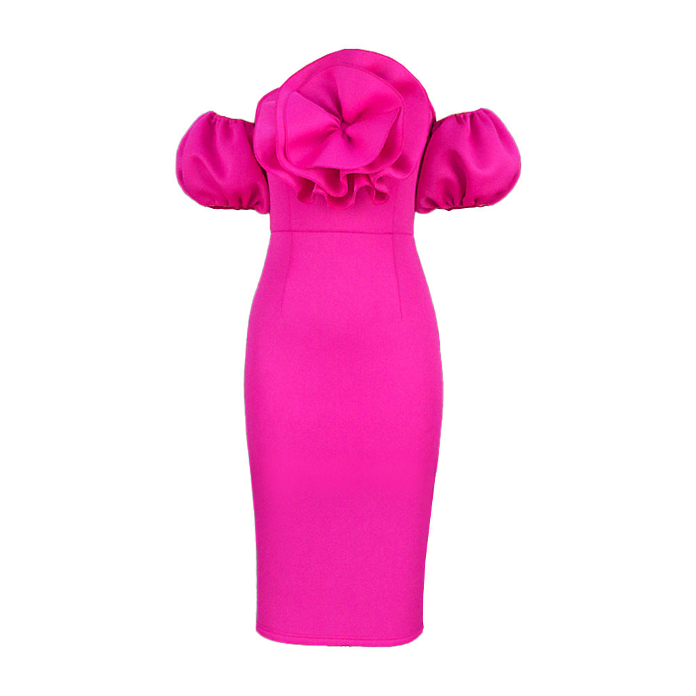 Lebhaftes oranges Damen Rüschenkleid, Midi-Länge, mit langen Ärmeln, perfekt für Sommerfeste oder Partys.
