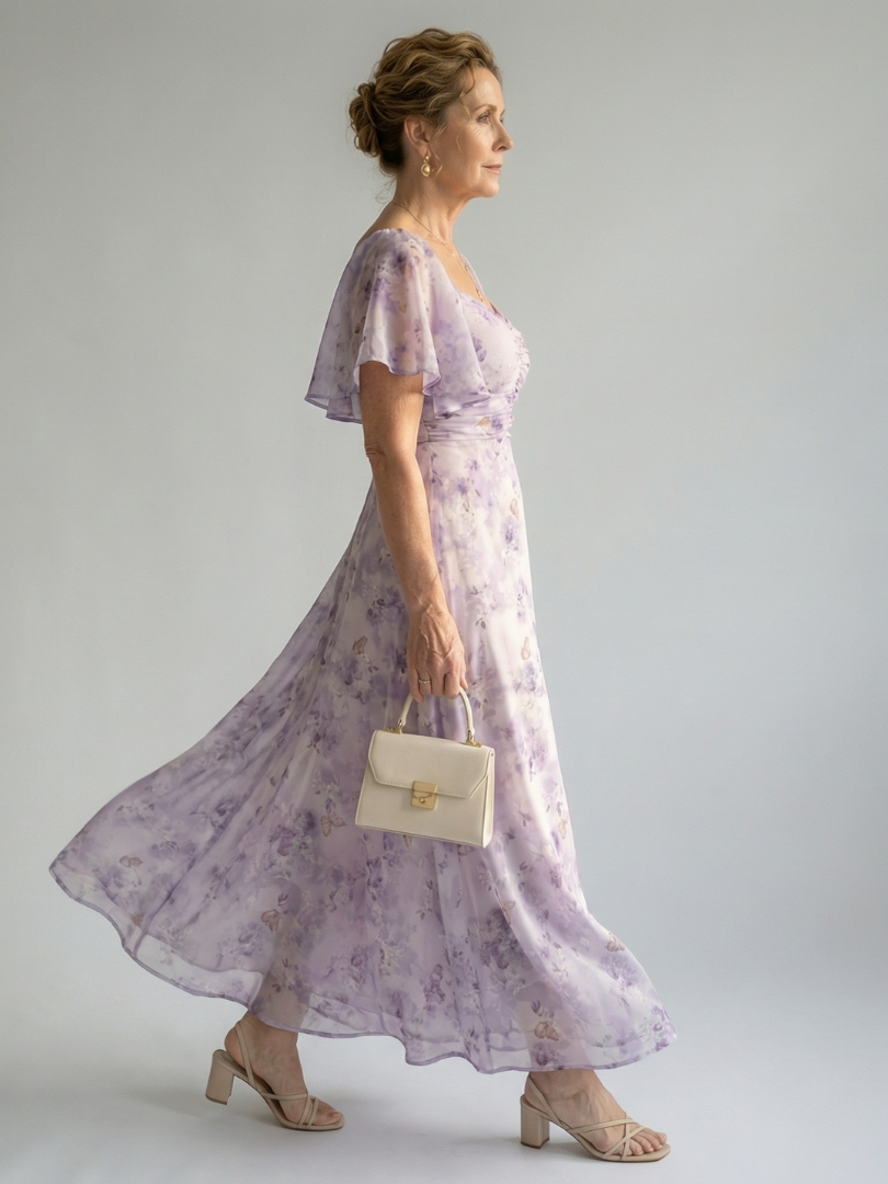 Nahaufnahme der zarten Flatterärmel am Damen Midi-Kleid mit dezentem Blumenmuster, ideal für Frühling.
