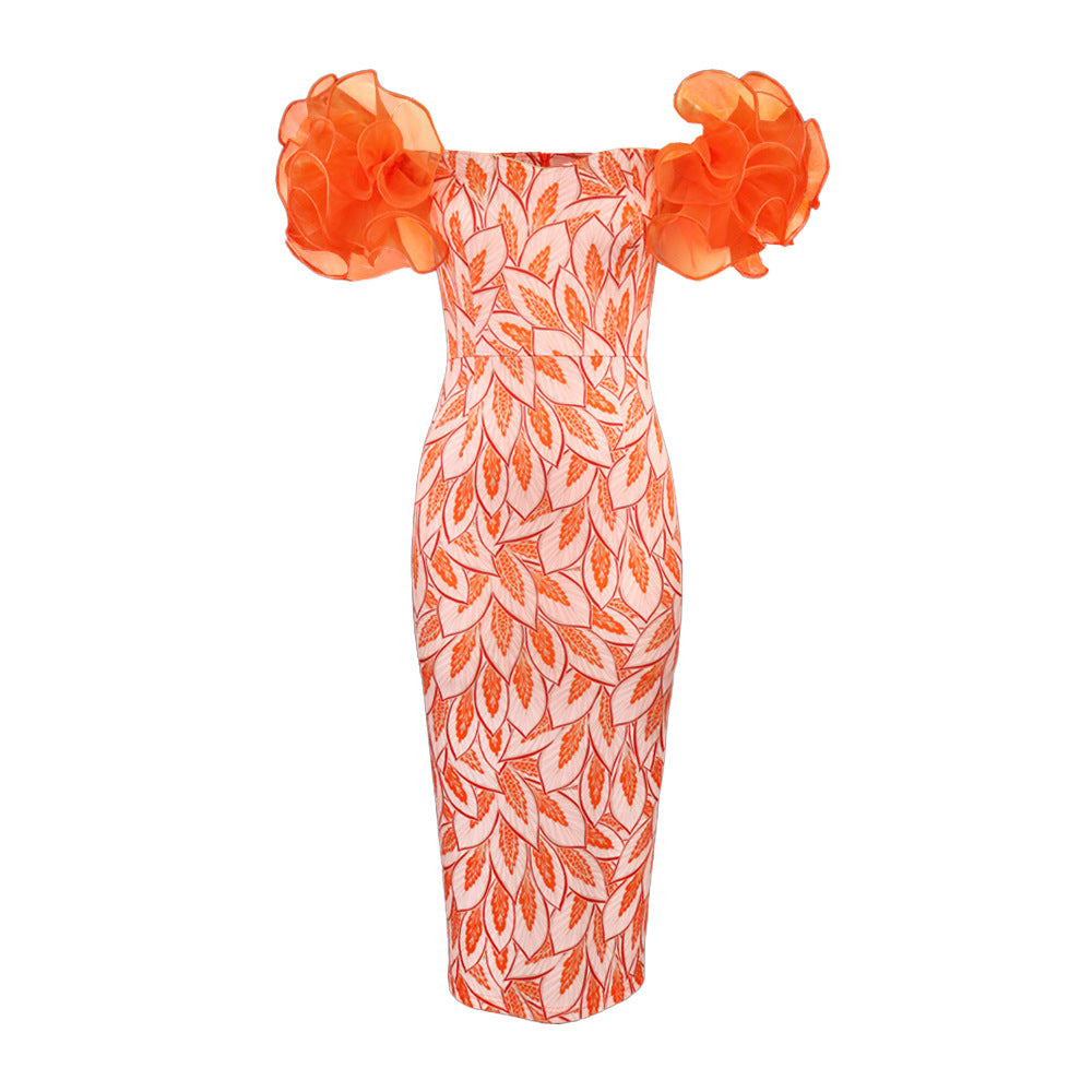 Elegantes Damen Frühlingskleid mit stilvollem Allover-Kunstdruck & charmanten Puffärmeln. Exklusiver Look.