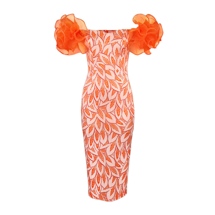 Elegantes Damen Frühlingskleid mit stilvollem Allover-Kunstdruck & charmanten Puffärmeln. Exklusiver Look.