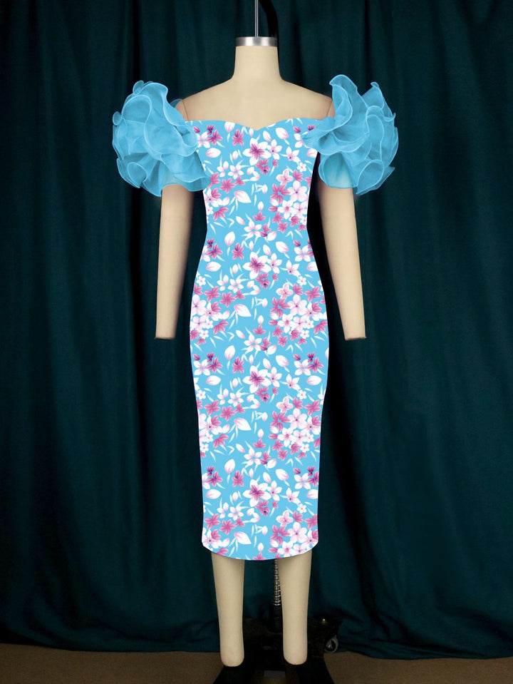 Midi-Länge Abendkleid für Damen mit einzigartigem Kunstdruck & modischen Puffärmeln. Sehr elegant & chic.