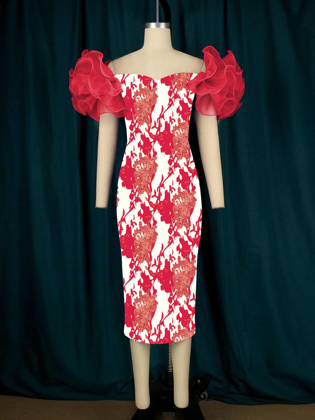 Stilvolles Damenkleid mit Kunstdruck, mittellang & eleganten Puffärmeln. Ideal für festliche Anlässe im Frühling.