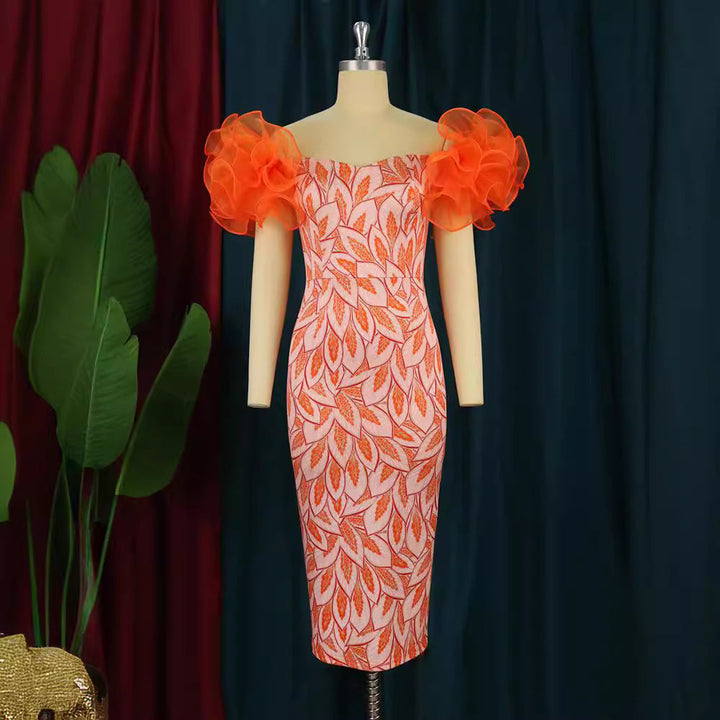 Modisches Abendkleid für Damen in Midi-Länge, mit einzigartigem Kunstdruck & voluminösen Puffärmeln.