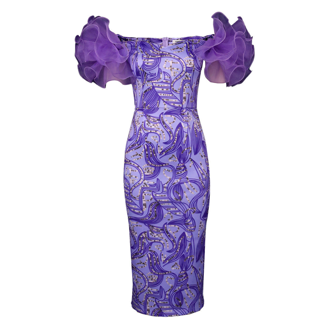 Trendiges Damen Midi-Kleid mit auffälligem Kunstdruckmuster & femininen Puffärmeln. Perfekt für Partys.