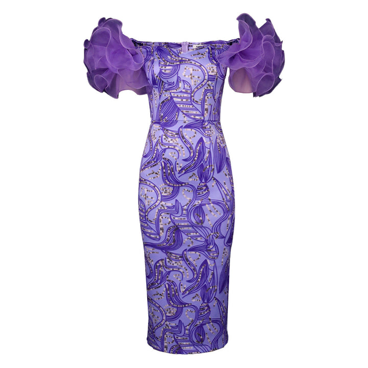 Trendiges Damen Midi-Kleid mit auffälligem Kunstdruckmuster & femininen Puffärmeln. Perfekt für Partys.