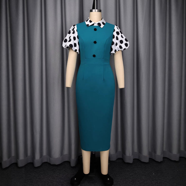 Festliches Damen Partykleid, Midi-Länge, mit klassischen Polka-Dots und eleganten langen Ärmeln, stilvolle Frauenmode.