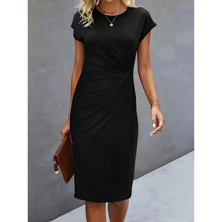 Elegantes Damen Midi-Kleid mit Taillenakzent, figurbetont und kurzärmlig. Perfekt für Büro oder Freizeit.