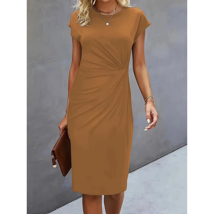 Elegantes, einfarbiges Damen Midi-Kleid mit Taillenakzent und Kurzarm. Figurbetont für stilvolle Auftritte.