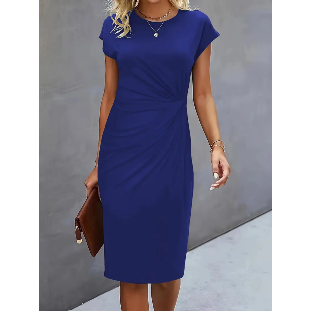 Sommerliches Damen Midi-Kleid mit Kurzarm und Taillenakzent, elegantes Freizeit- und Bürokleid.