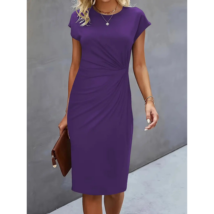 Vielseitiges Damen Midi-Kleid mit Taillenakzent, figurbetontes Kurzarmkleid für Büro und Freizeit.