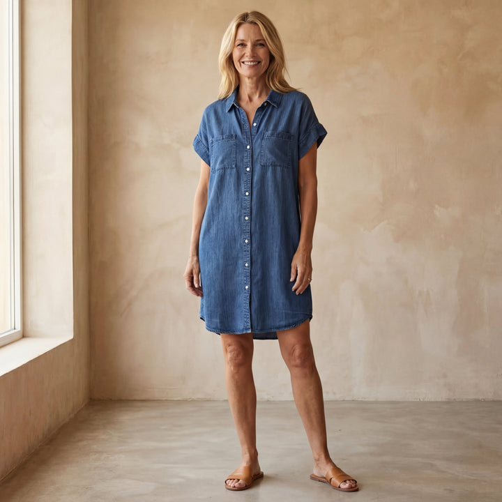 Schickes Damen Freizeitkleid, Midilänge, mit Knöpfen. Ideal als vielseitiges Büro- oder Sommerkleid.