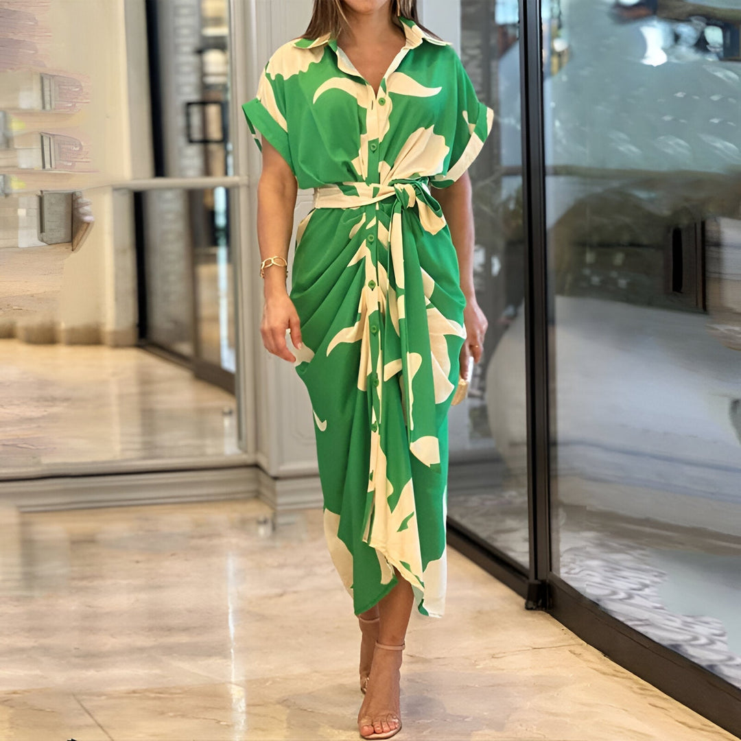 Elegantes Damen Midikleid mit Bindegürtel, V-Ausschnitt & fließendem Stoff, perfekt für Büro & Abend.