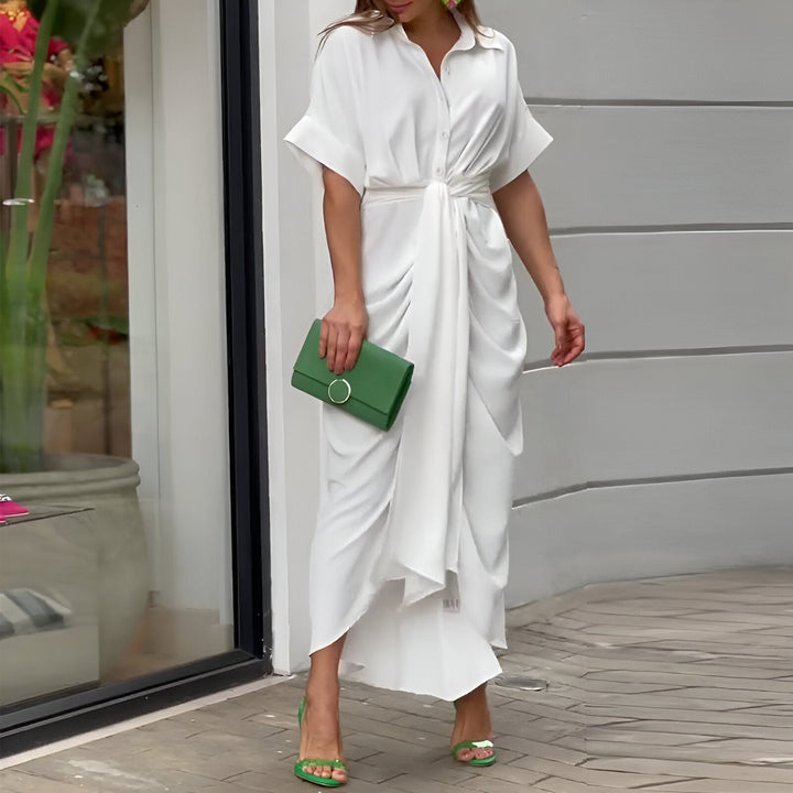 Vielseitiges Damen Midikleid mit modischem Bindegürtel, der die Taille betont. Ideal für Sommer & Feiern.