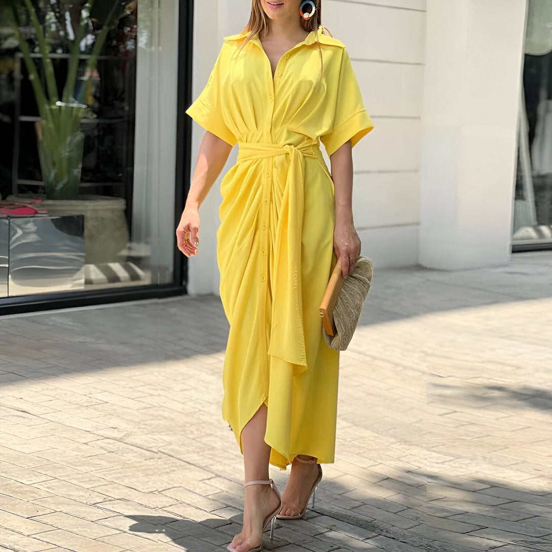 Stilvolles Damen Midikleid mit schmeichelndem V-Ausschnitt, ideal für elegante Anlässe & den Alltag.