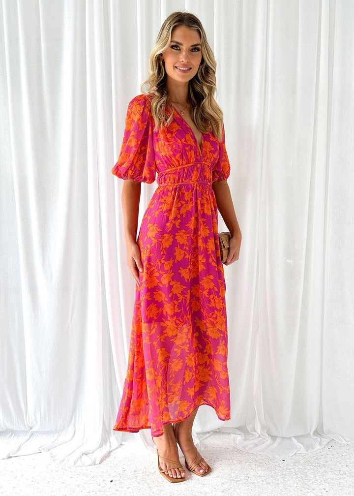 Schickes Damen Blumen Midikleid mit V-Ausschnitt & bequemen Puffärmeln; vielseitig für Freizeit & Feste.