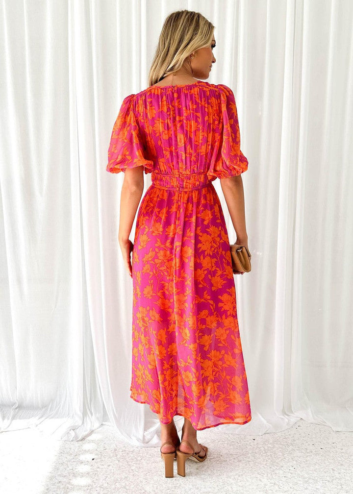 Festliches Damen Midikleid mit lebhaftem Blumenmuster und eleganten Puffärmeln; perfekt für Anlässe.