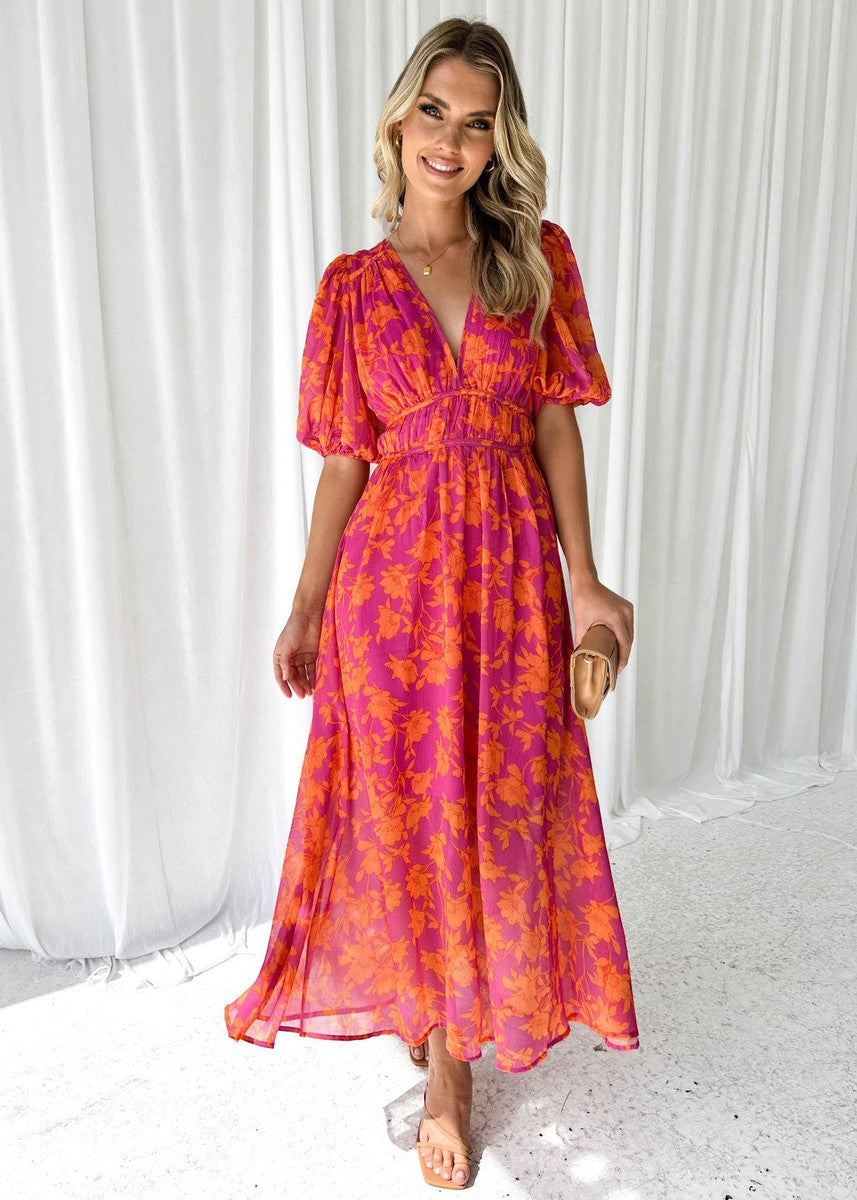 Frühlings-/Sommer Damen Midikleid mit femininen Puffärmeln & floralem Design; schick und komfortabel.