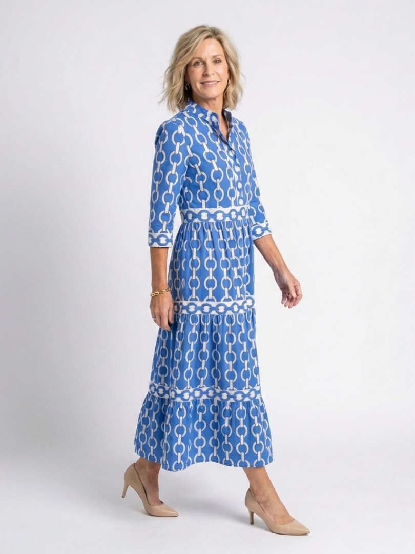 Bequemes, elegantes Damen Midikleid mit V-Ausschnitt. Fließendes Design in Blau und Lila, perfekt für Frühling/Sommer.