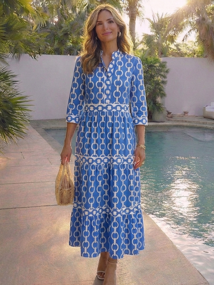 Damen Midikleid in Blau/Lila mit Kettenmuster. Bequemes Design, Dreiviertelärmel. Ideal als Reisekleid oder Freizeitkleid.