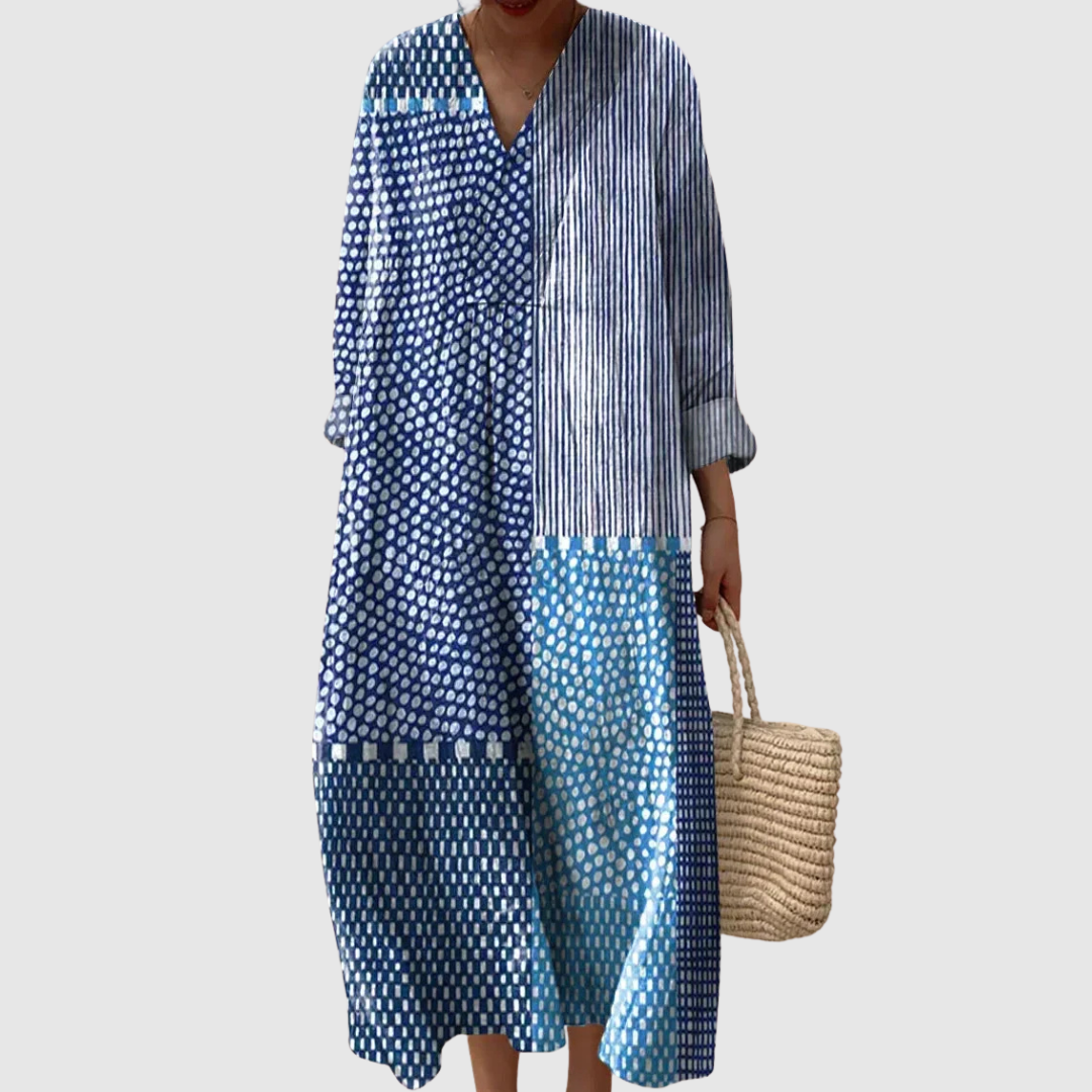 Elegantes Damen Midikleid mit fließendem Wellenmuster & V-Ausschnitt; komfortables Sommer-Strandkleid für warme Tage.