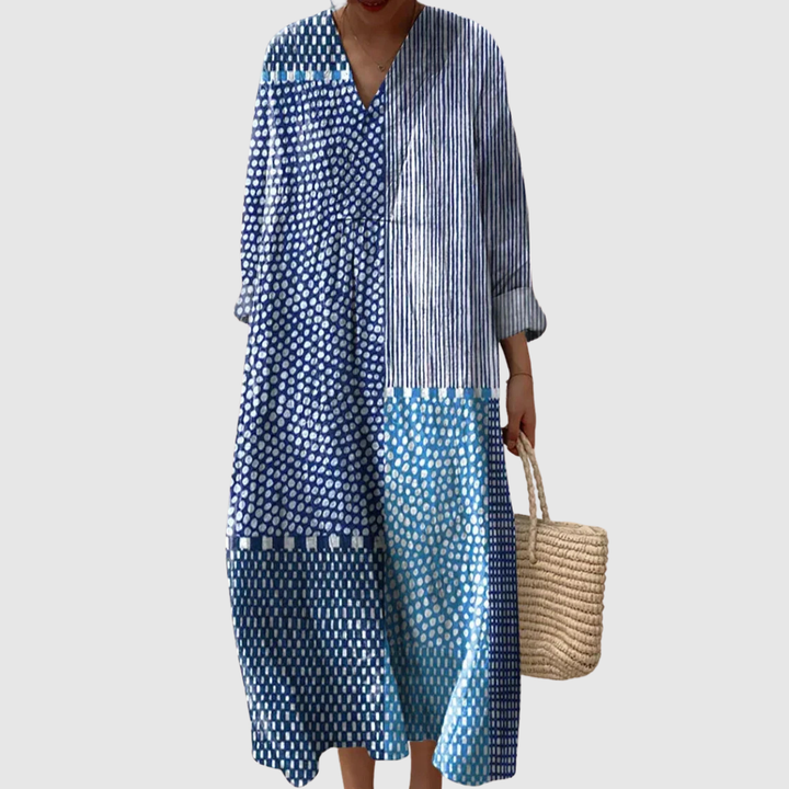 Elegantes Damen Midikleid mit fließendem Wellenmuster & V-Ausschnitt; komfortables Sommer-Strandkleid für warme Tage.