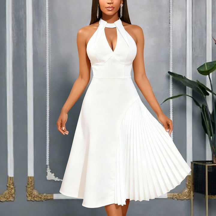 Elegantes Damen Midikleid mit Keyhole-Ausschnitt, plissiertem Saum & figurbetonter Silhouette für festliche Anlässe.
