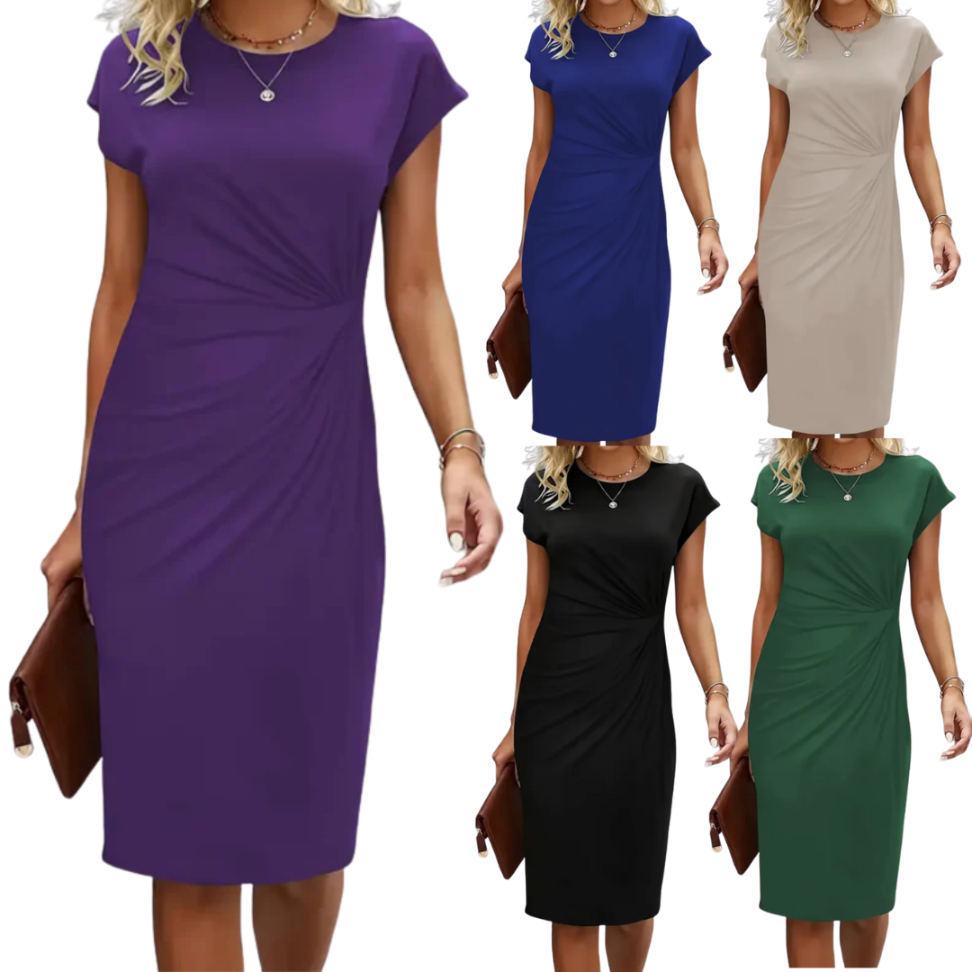 Elegantes Damen Midikleid mit kurzen Ärmeln, tailliert und figurbetont, perfekt für Büro & Anlässe.