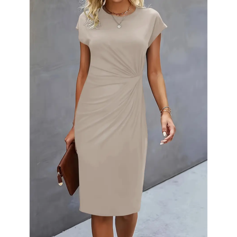 Damen Kurzarm Midikleid, elegant & tailliert, aufgehängt als vielseitiges Büro- und Anlasskleid.
