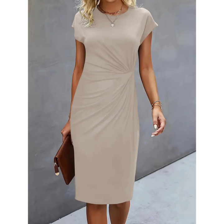 Damen Kurzarm Midikleid, elegant & tailliert, aufgehängt als vielseitiges Büro- und Anlasskleid.