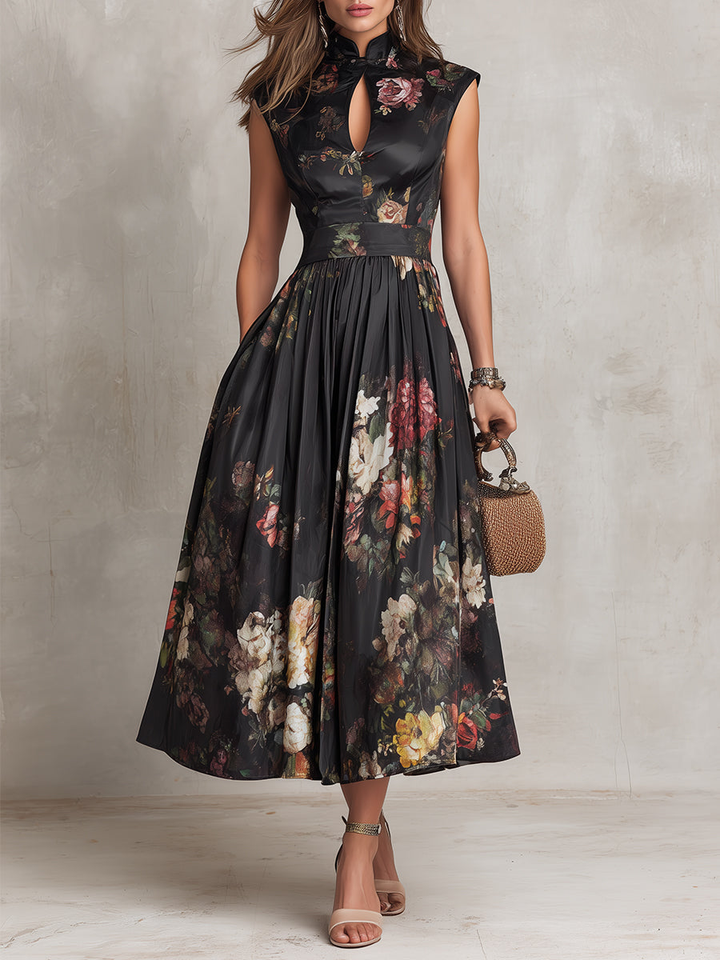 Elegantes Damen Midikleid mit Schlüsselloch-Ausschnitt in A-Linie, perfekt für Abend und Party.