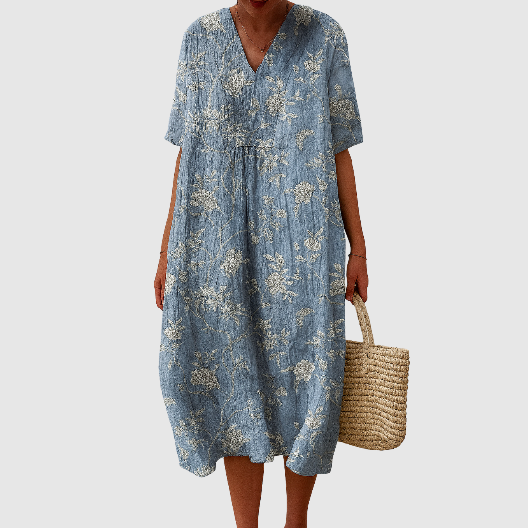 Elegantes Damen Midikleid mit V-Ausschnitt, fließendem Stoff & bequem für den Sommer; vielseitiges Freizeitkleid.