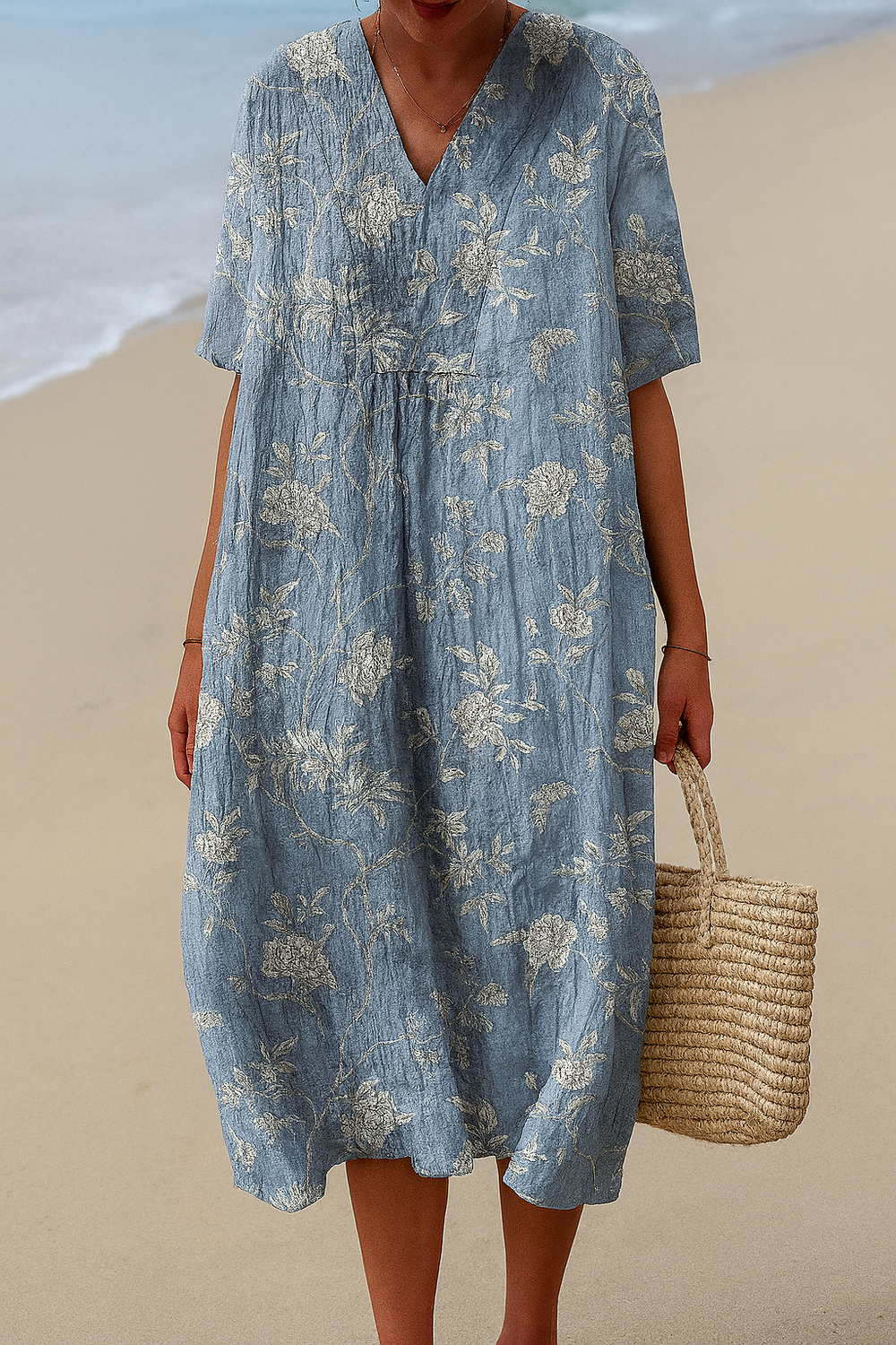 Bequemes, fließendes Damen Midikleid für warme Tage, ideal als elegantes Sommer- & Freizeitkleid.