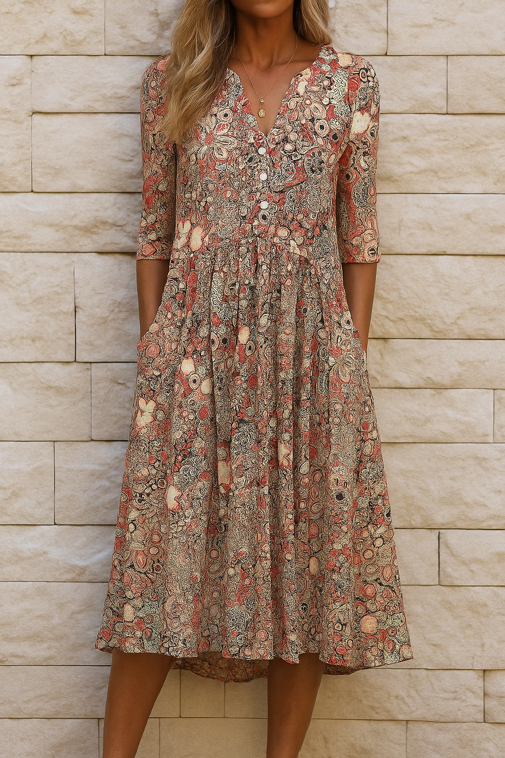Elegantes Damen Midikleid mit V-Ausschnitt, ideal für Business & Freizeit. Fließender Stoff, schmeichelhafte Passform.