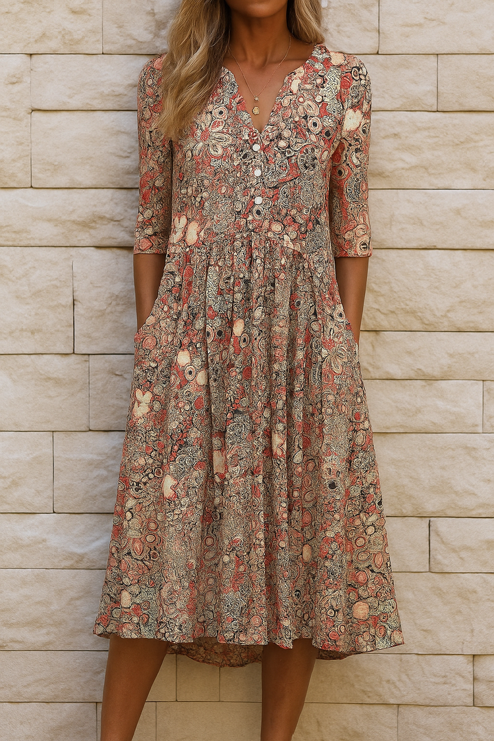 Elegantes Damen Midikleid mit V-Ausschnitt, ideal für Business & Freizeit. Fließender Stoff, schmeichelhafte Passform.